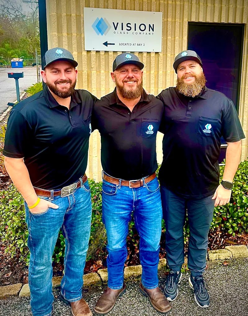 Vision Glass Company team — Kris Falcone, Scott, and crew at the shop