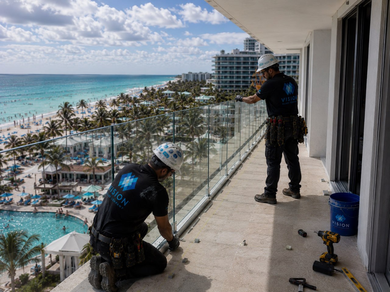 Vision Glass Company crew installing balcony glass railings on a coastal high-rise
